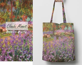 Borsa tote, Claude Monet, Giardino a Giverny, borsa di lino, stampa d'arte, borsa dell'artista, borsa di lino al 100%