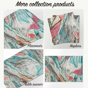 May include: Set of table linens featuring a colorful abstract pattern reminiscent of stone. Includes placemats, napkins, and a table runner.