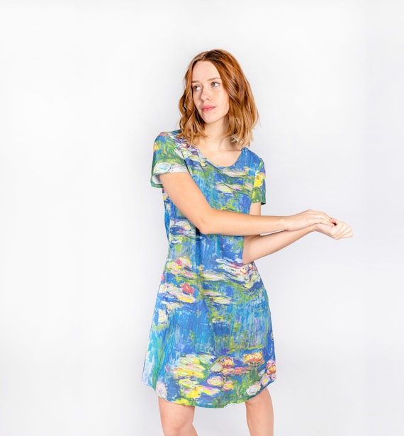 Linen dress, Claude Monet, Water Lilies, short sleeves dress, summer dress, 100% linen, linen summer dress, linen tunic