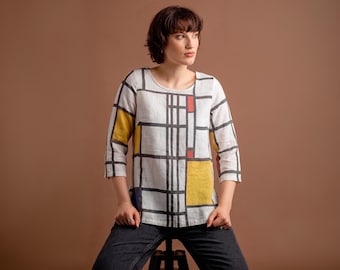 Piet Mondrian Linen Top, Vintage Style Blouse, Custom Size