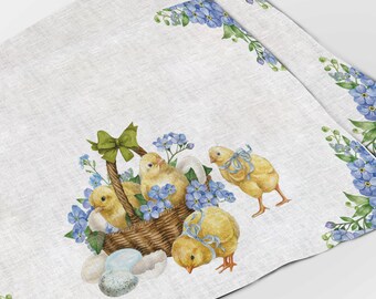 Linen Easter Placemats Set, Chick and Floral Basket Print