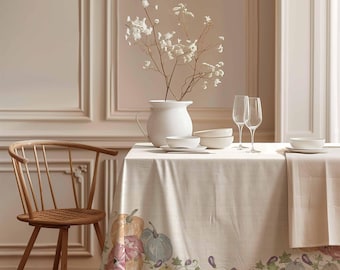 Watercolor Pumpkin Linen Tablecloth, Thanksgiving Table Decor