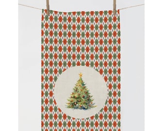 Retro Christmas Tree Linen Kitchen Towel, Holiday Decor