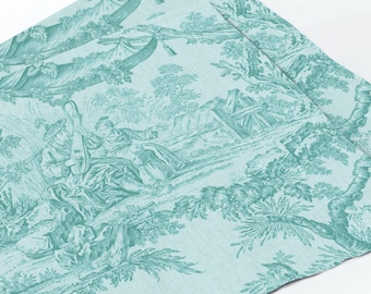 Turquoise Blue Toile de Jouy Linen Placemats Set, French Country Dining
