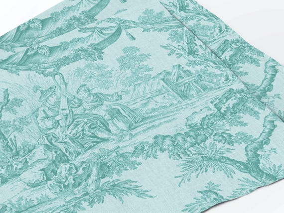 Tiffany Blue Toile de Jouy Linen Placemats Set, French Country Dining
