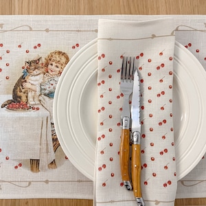 Placemats set, Girl and a Cat, Children books illustrations, Vintage print, 100% linen, linen placemats