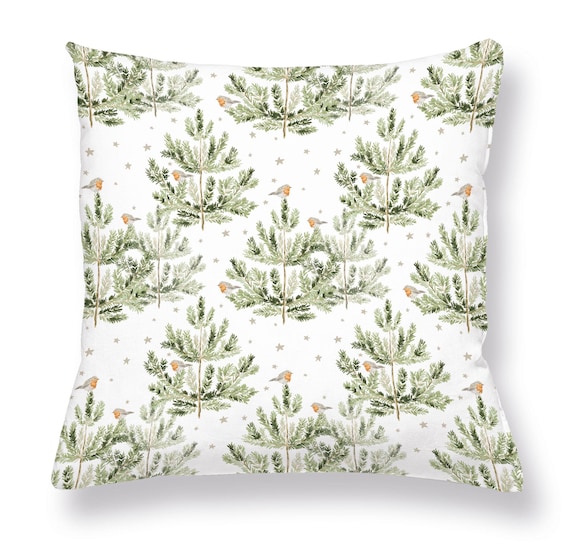 Cushion cover, Robin Birds On Pine Trees, Christmas decoration, linen pillow
