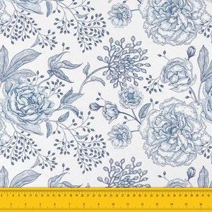 May include: A seamless pattern featuring blue and white floral designs. The pattern includes large peonies and smaller sprigs of flowers. The background is white.