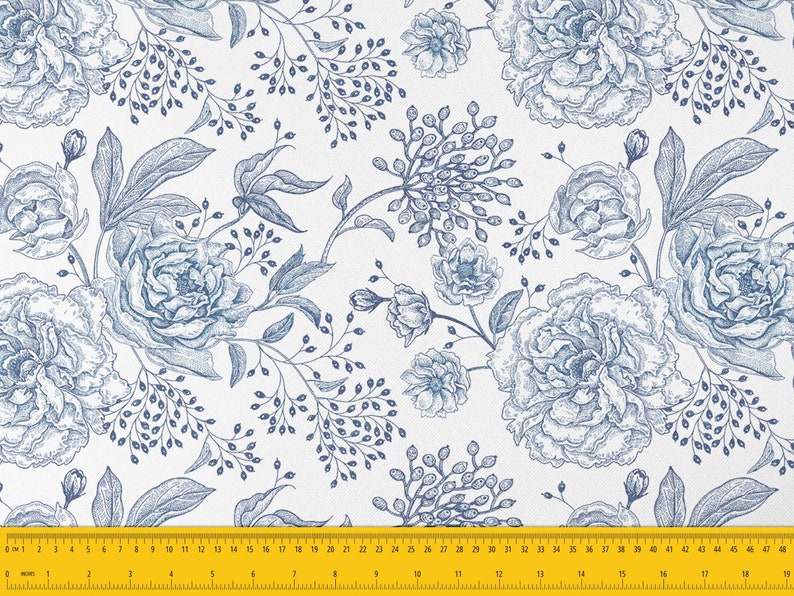 May include: A seamless pattern featuring blue and white floral designs. The pattern includes large peonies and smaller sprigs of flowers. The background is white.