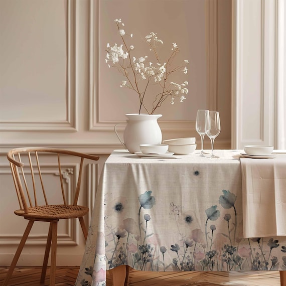 Linen tablecloth, Pastel Poppies, farmhouse decor, flowers, tablecloth floral, 100% linen, party table decor