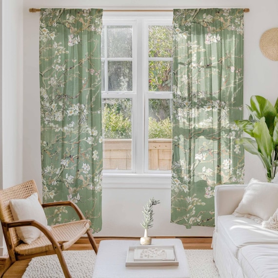 Curtains, Van Gogh, Almond Blossom, Olive color, linen curtains, 100% linen, rod pocket, Custom curtains, window curtains