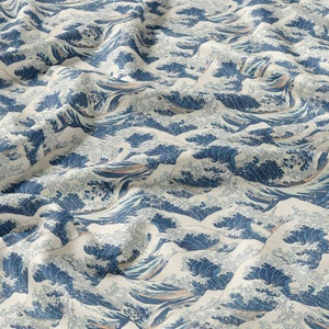 Hokusai Wave Linen Fabric, Japanese Textile By The Yard