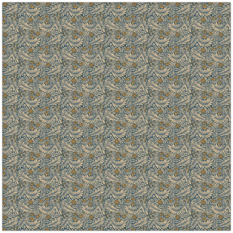 May include: A seamless pattern featuring a repeating design of stylized leaves and flowers in shades of beige and blue.