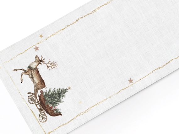 Linen Table runner, Winter Carriage, Christmas Design, Holiday Table Decor, Vintage, Minimalistic, 100% linen
