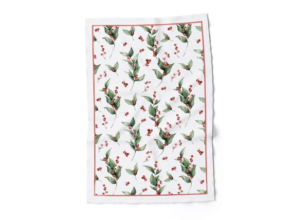 Kitchen towel, Berry Sonata, Holiday linens, Winter berries, Christmas decor, 100% linen, Christmas towel
