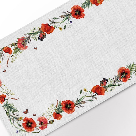 Table runner, Wild Poppies, linen table runner, 100% linen, wedding table runner, table top, linens, custom size