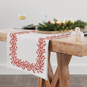 Op de afbeelding: Een witte tafelloper met een herhaald patroon van rode bessen en groene stelen. De loper ligt op een houten tafel, gedekt voor een feestelijke maaltijd. Andere decoraties zijn kaarsen, groen en glaswerk.
