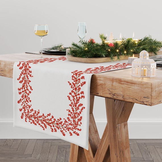 Red Berry Linen Table Runner, Holiday Christmas Decor