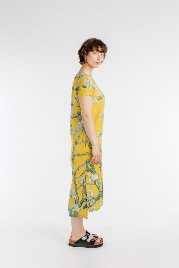 Almond Blossom, Vincent van Gogh, long linen dress, asymmetrical dress, plus size dress, dress with pockets, linen dress, 100% linen