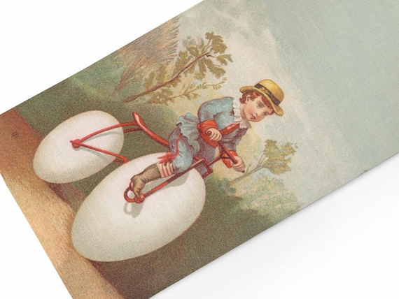 Table runner, Boy Riding a Bicycle With Eggs as a Wheel, linen table runner, Easter table, Easter gift