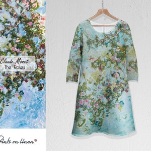 Linen women dress, 3/4 sleeve, Claude Monet, Monet dress, Dress with roses, linen dress, linen summer dress, linen tunic, women tunic