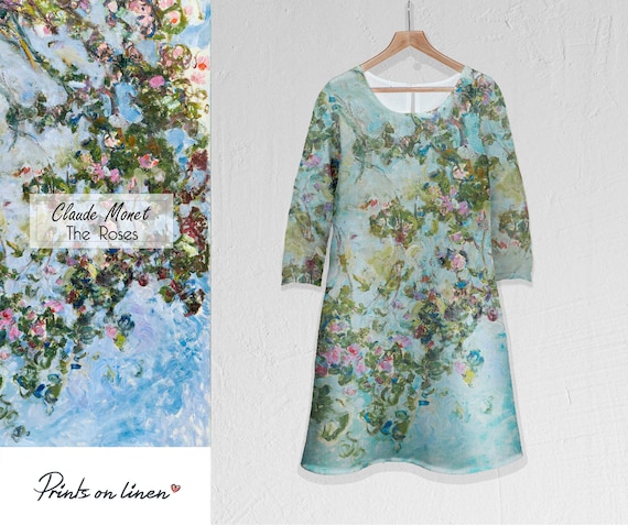 Linen women dress, 3/4 sleeve, Claude Monet, Monet dress, Dress with roses, linen dress, linen summer dress, linen tunic, women tunic