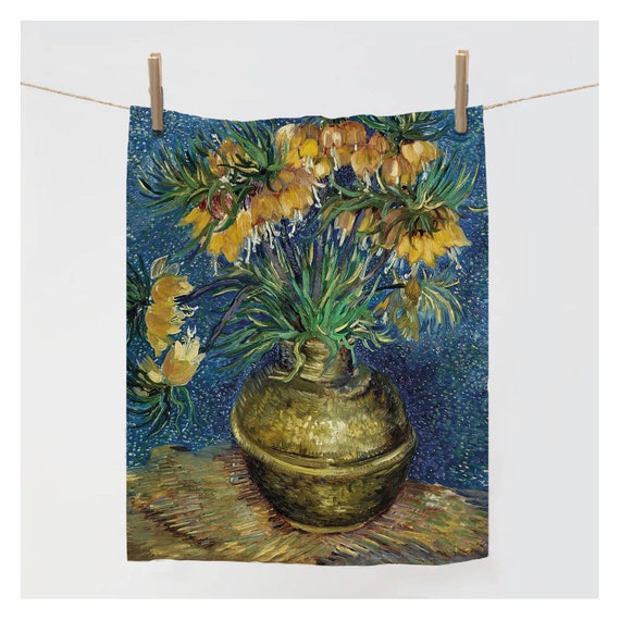 Towel, Imperial Fritillaries in a Copper Vase, Van Gogh, dish towel, linen towel, kitchen towel, 100% linen, linen dish towel