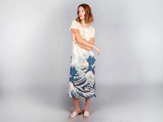 Linen Dress, Hokusai Wave Print, 100% Linen