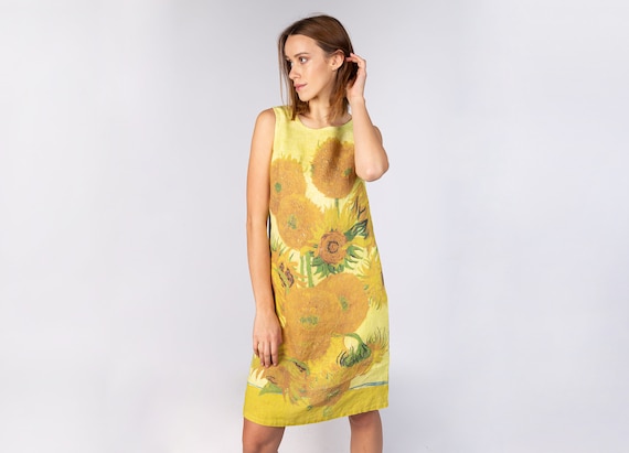 Linen dress, Sunflowers, Vincent van Gogh, linen women dress, women dress, side pockets, custom size, 100% linen