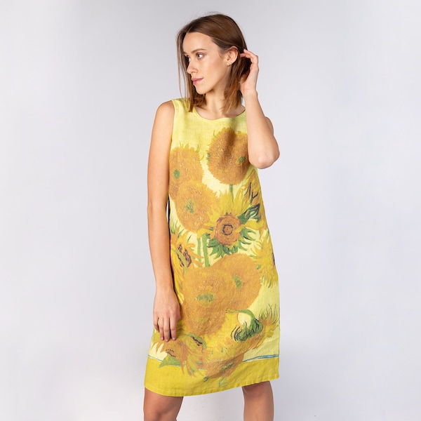 Linen dress, Sunflowers, Vincent van Gogh, linen women dress, women dress, side pockets, custom size, 100% linen