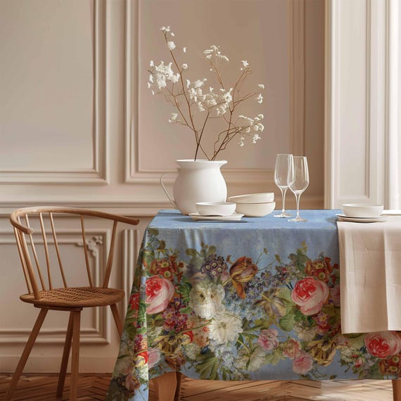 Tablecloth, Gerard van Spaendonck, Vintage flower pattern, vintage decor, 100% linen, matching tablecloth, Farmhouse decor