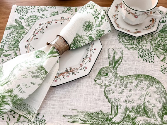 Easter placemats, Green toile placemats, Easter Bloom, linen placemats, Toile Easter, Rabbit placemats, Easter rabbit, 100% linen