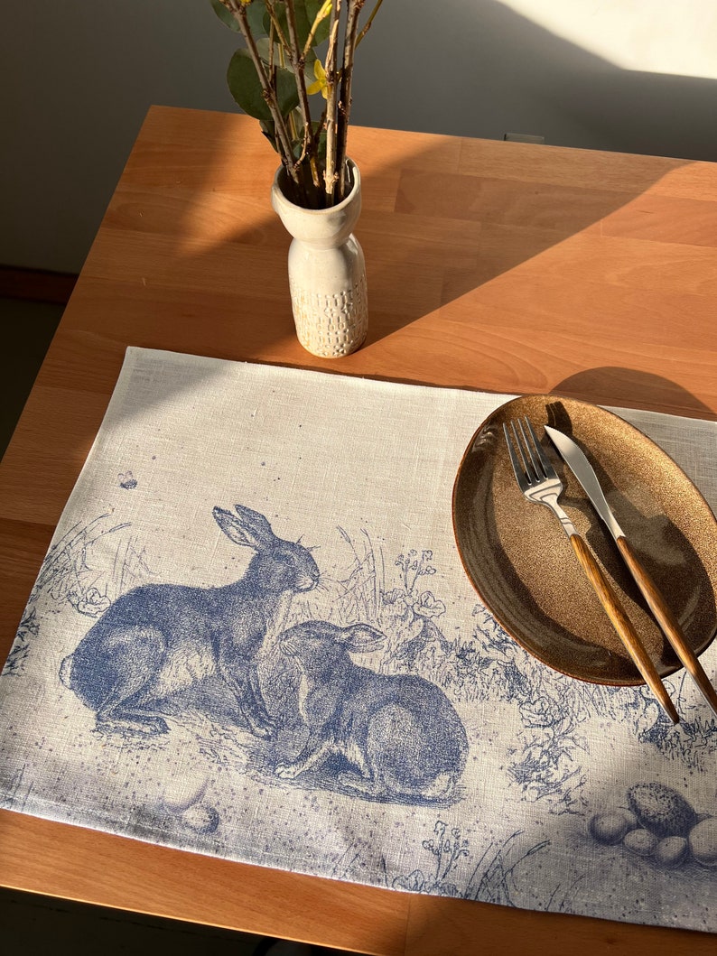 Easter placemats, Toile de Jouy Rabbit, linen placemats, Easter table decor, Easter rabbit, Toile de Jouy, 100% linen, Europe image 6