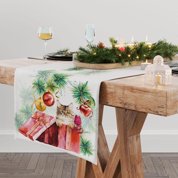 Christmas table top, Christmas cat, linen table runner, vintage Christmas, Christmas table decor