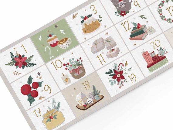 Table runner, Advent Calendar, 24 Days Countdown, Holiday Table Decoration, Natural Linen Christmas Gift