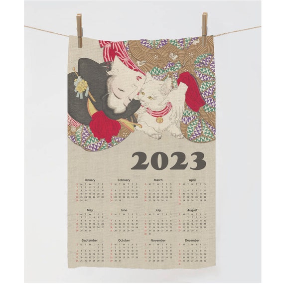 2023 Calendar Tea Towel, Tea towel illustration, Cat towel, Zodiac Tea Towel, linen towel, 100% linen