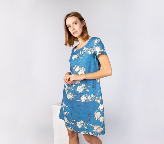 Katsushika Hokusai, Linen dress, Bullfinch and Weeping Cheery, 100% linen, blue linen dress