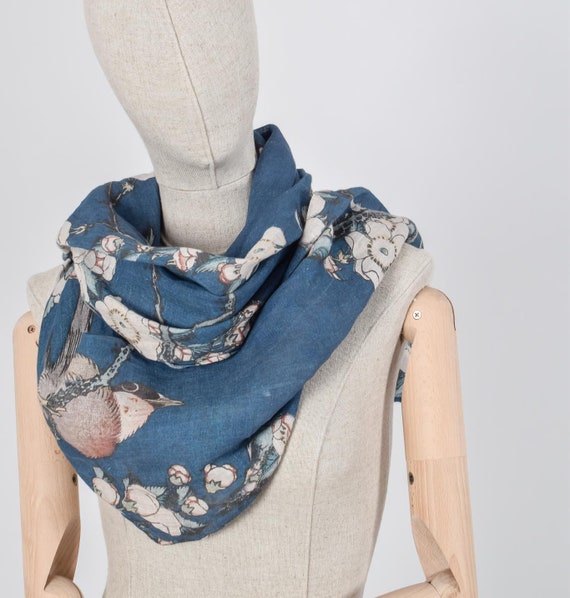 Scarf, Katsushika Hokusai, Bulffinch and Weeping Cherry, Japan art, Japan scarf, linen scarf, stonewashed, women scarf, Japanese artist
