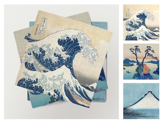 Napkins set, Katsushika Hokusai, linen napkins, three different artworks, Japan decor, Japan fabric, 100% linen