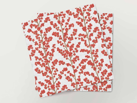 Napkins set, Red Berry, Holiday linens, Winter berries, Christmas decor, 100% linen, Christmas napkins