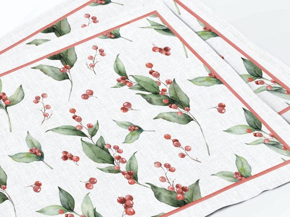Placemats set, Berry Sonata, Holiday linens, Winter berries, Christmas decor, 100% linen, Christmas placemats