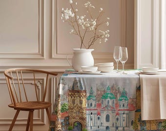 Prague, linen tablecloth , Prague print, Czech republic, Prague art, Prague gift, Prague decor, Prague cityscape, Watercolour painting