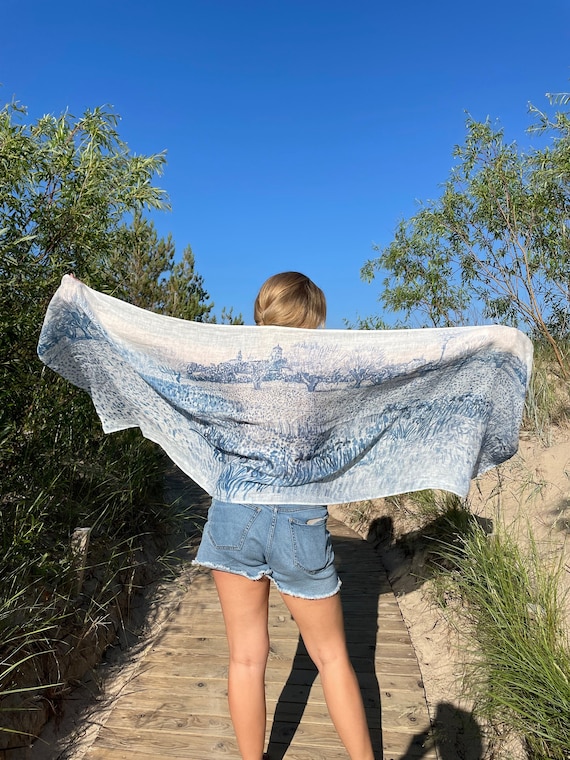 Linen Scarf, Vincent van Gogh, View of Arles with Irises in the Foreground, Toile edition, 100% linen
