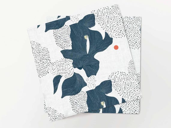 Modern Monstera Napkins, Navy Botanical Leaf Pattern, Abstract Tropical Table Decor, Linen Look Fabric Print, boho Table Setting