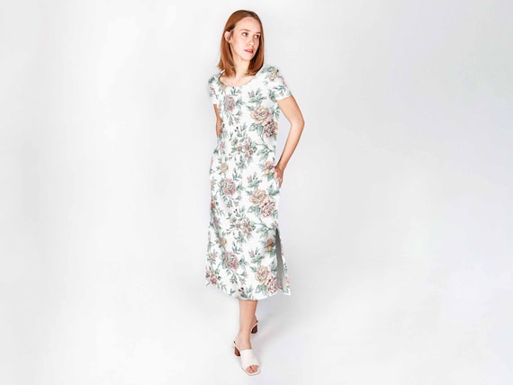 Linen dress, Blooming Peonies, Vintage-inspired, Floral print, French style, 100% linen