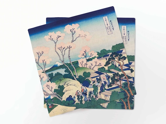 Napkins set, Cherry Blossoms & Mount Fuji, Katsushika Hokusai, linen napkins, 100% linen