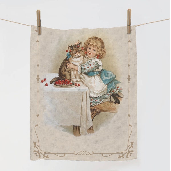 Linen towel, Girl and a Cat, Childrens books illustrations, Vintage print, 100% linen, linen hand towel, Wholesale towel