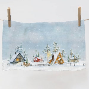 Christmas towel, Winter landscape with a small wooden winter houses, linen towel, 100% linen, Christmas kitchen decor