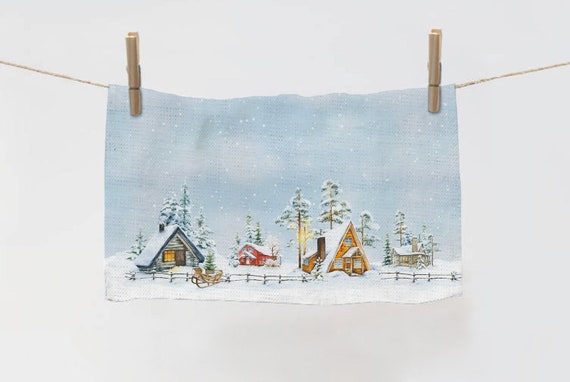 Christmas towel, Winter landscape with a small wooden winter houses, linen towel, 100% linen, Christmas kitchen decor