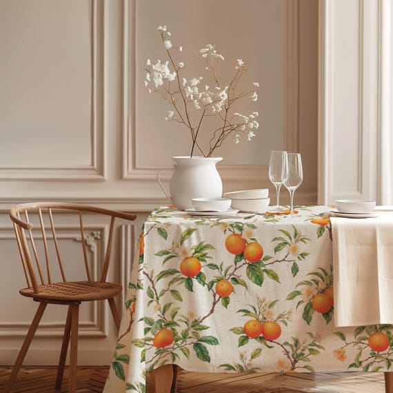 Linen Tablecloth, Floral Citrus Elegance, 100% Linen, Coastal Decor